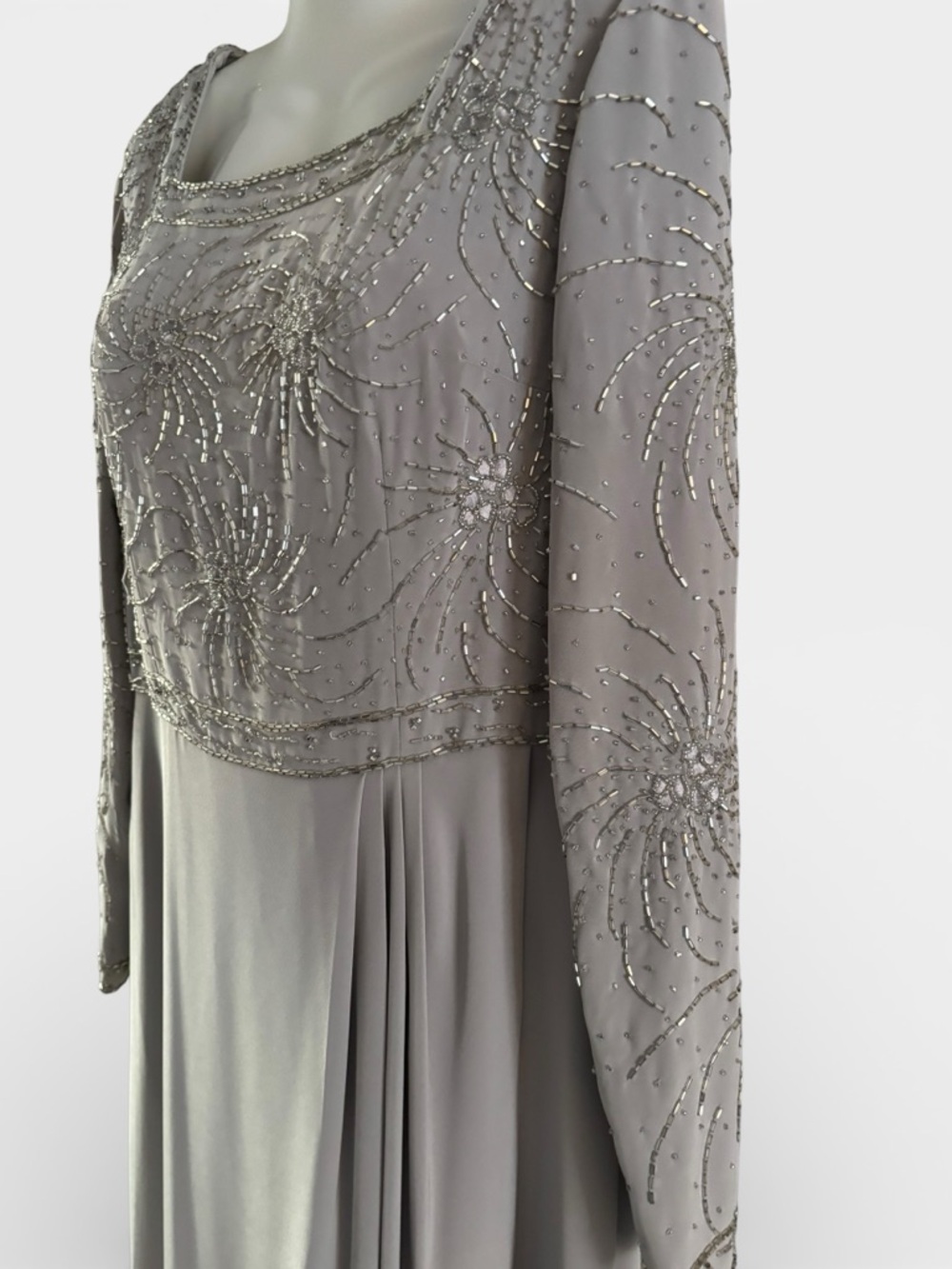 Cassandra Stone Gray Silver Embellished Long Sleeve Evening Gown Size 14